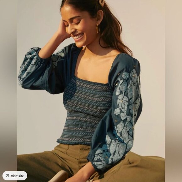 ANTHROPOLOGIE Teal Embroidered Peasant Blouse NWT - Picture 15 of 15